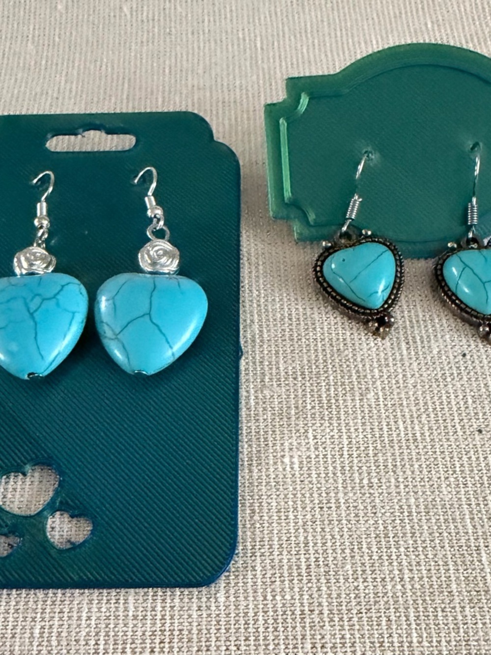 Two Pair Turquoise Heart Drop Earrings - Blue Heart Dangle Earrings - Picture 2 of 7